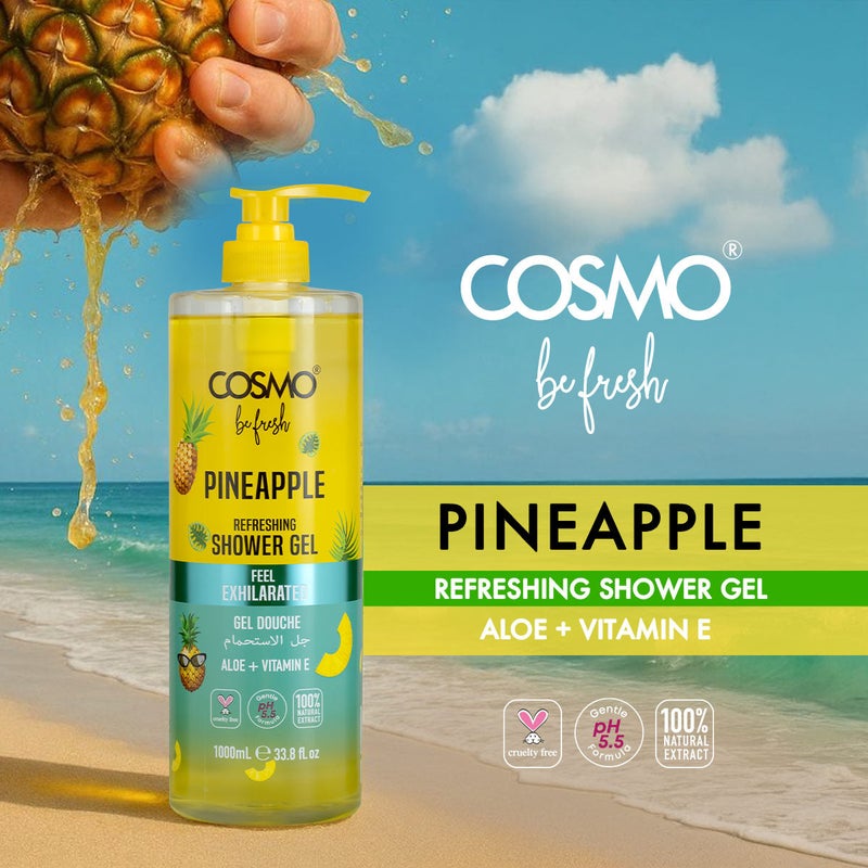Cosmo Be Fresh Pineapple Shower Gel with Aloe & Vitamin E 1000ml, Tropical Hydrating Body Wash, Feel Exhilarated, Soft & Radiant Skin, Refreshing Fruity Cleanser, Citrus Scent, For Men & Women - Image 2