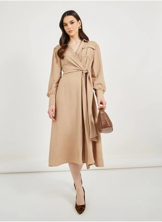 ستايلي Textured Wrap Front Shirt Midi Dress with Self Tie Belt