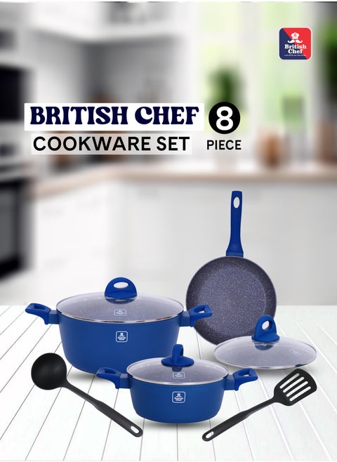 8 Piece Granite Cookware Set, Casserole With Lid, Frying Pan With Lid & Kitchen Tools, Blue