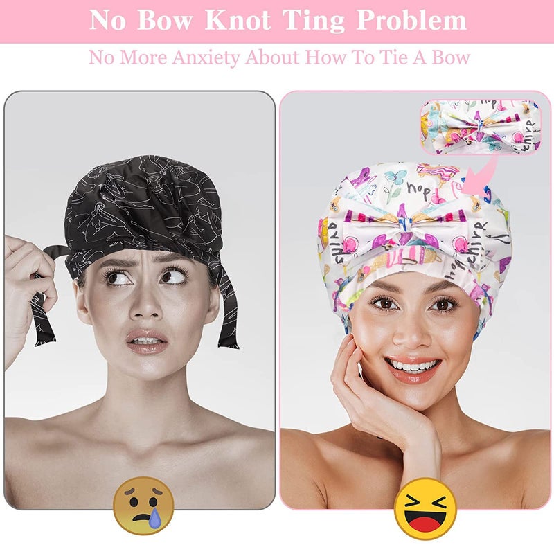 WINSTECK 2 PCS Shower Caps, Reusable & Extra Large & Adjustable & Double Layer Waterproof Bow Knot Hair Reusable Cap for Women, Waterproof Outer & EVA Lining, for Shower, Spa, Makeup - Image 5
