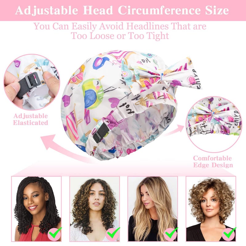 WINSTECK 2 PCS Shower Caps, Reusable & Extra Large & Adjustable & Double Layer Waterproof Bow Knot Hair Reusable Cap for Women, Waterproof Outer & EVA Lining, for Shower, Spa, Makeup - Image 3
