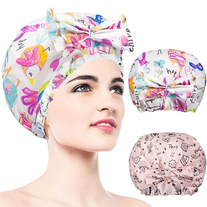 WINSTECK 2 PCS Shower Caps, Reusable & Extra Large & Adjustable & Double Layer Waterproof Bow Knot Hair Reusable Cap for Women, Waterproof Outer & EVA Lining, for Shower, Spa, Makeup - Image 1