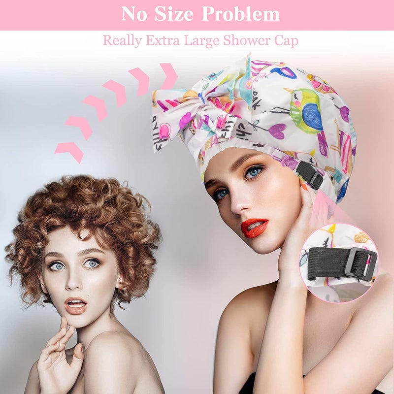 WINSTECK 2 PCS Shower Caps, Reusable & Extra Large & Adjustable & Double Layer Waterproof Bow Knot Hair Reusable Cap for Women, Waterproof Outer & EVA Lining, for Shower, Spa, Makeup - Image 2