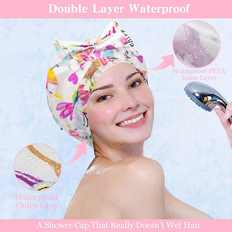 WINSTECK 2 PCS Shower Caps, Reusable & Extra Large & Adjustable & Double Layer Waterproof Bow Knot Hair Reusable Cap for Women, Waterproof Outer & EVA Lining, for Shower, Spa, Makeup - Image 4
