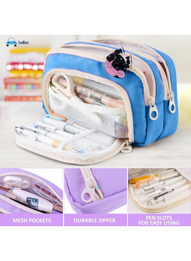 فنبلاست حافظة أقلام فن بلاست كبيرة السعة، متعددة الجيوب بسحاب مزدوج، حقيبة أقلام محمولة، حقيبة جمالية، حافظة أقلام كاواي، حقائب لطيفة للفتيات، حقيبة تنظيم أدوات مكتبية (زرقاء) - Image 5