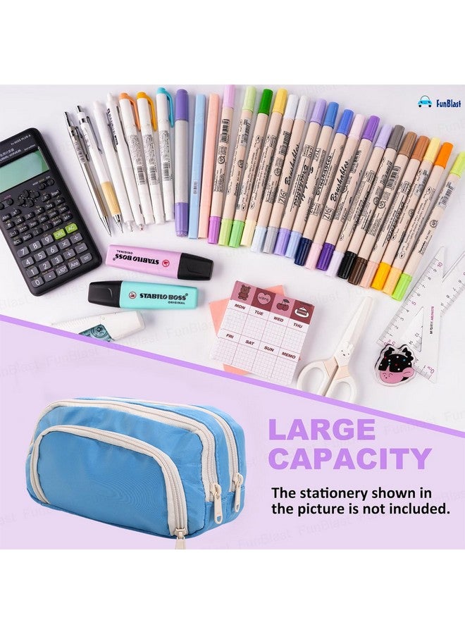 فنبلاست حافظة أقلام فن بلاست كبيرة السعة، متعددة الجيوب بسحاب مزدوج، حقيبة أقلام محمولة، حقيبة جمالية، حافظة أقلام كاواي، حقائب لطيفة للفتيات، حقيبة تنظيم أدوات مكتبية (زرقاء) - Image 4