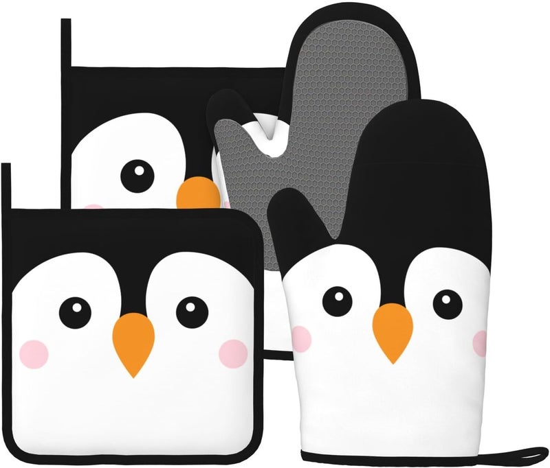 Echoserein Novelty Funny Penguin Oven Mitts and Pot Holders Sets of 4 Heat Resistant Silicone Oven Mittens and Potholders Gloves Hot Pads for Kitchen Cooking Baking Grilling BBQ Chef - Image 1