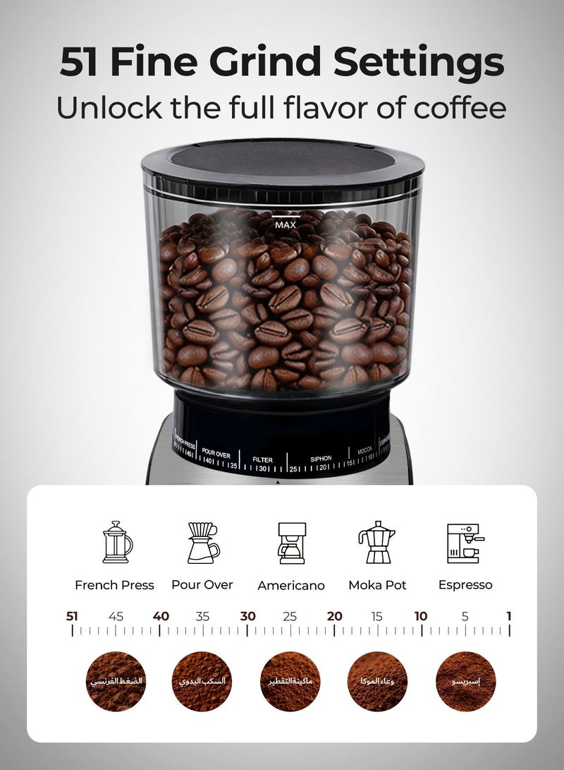 دوشر 165W طاحونة قهوة V60، 40mm مخروطية الطحن وهيكل ستانلس ستيل، سعة 350g، غطاءان مانعان للتطاير، 3 أوضاع احترافية، للمبتدئين والمحترفين - Image 5