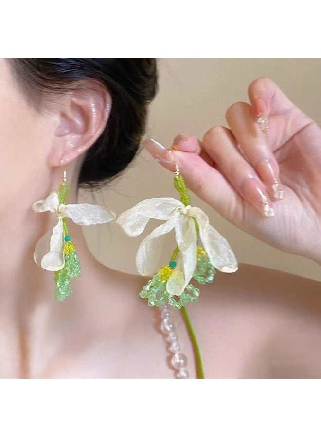 Goolsky Tropical Green Beaded Flower Statement Earrings for Women – Summer Vacation Dopamine Jewelry, Green Beaded Floral Design, Lightweight, Beach/Vacation Wear - Image 5