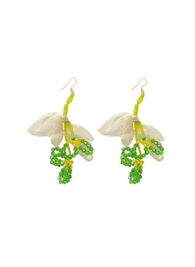 Goolsky Tropical Green Beaded Flower Statement Earrings for Women – Summer Vacation Dopamine Jewelry, Green Beaded Floral Design, Lightweight, Beach/Vacation Wear - Image 2