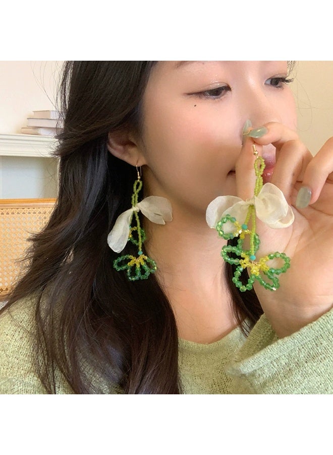 Goolsky Tropical Green Beaded Flower Statement Earrings for Women – Summer Vacation Dopamine Jewelry, Green Beaded Floral Design, Lightweight, Beach/Vacation Wear - Image 1