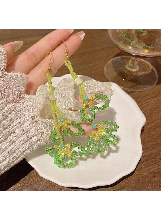 Goolsky Tropical Green Beaded Flower Statement Earrings for Women – Summer Vacation Dopamine Jewelry, Green Beaded Floral Design, Lightweight, Beach/Vacation Wear - Image 4