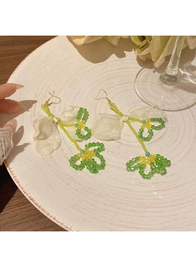 Goolsky Tropical Green Beaded Flower Statement Earrings for Women – Summer Vacation Dopamine Jewelry, Green Beaded Floral Design, Lightweight, Beach/Vacation Wear - Image 3