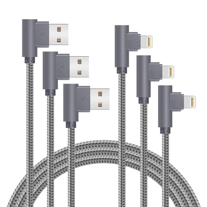 APFEN MFi Certified Lightning iPhone Charger Cord 90 Degree Fast Data Cable Nylon Braided Compatible with iPhone Xs Max/XS/XR/7/7Plus/X/8/8Plus/6S/6S Plus/SE (Gray, 10FT) - Image 1