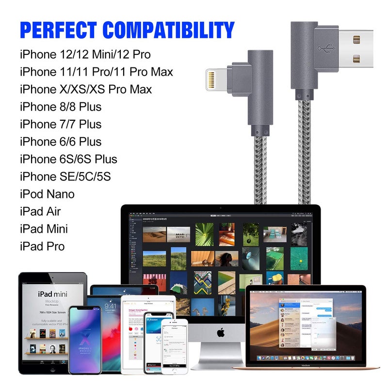 APFEN MFi Certified Lightning iPhone Charger Cord 90 Degree Fast Data Cable Nylon Braided Compatible with iPhone Xs Max/XS/XR/7/7Plus/X/8/8Plus/6S/6S Plus/SE (Gray, 10FT) - Image 5