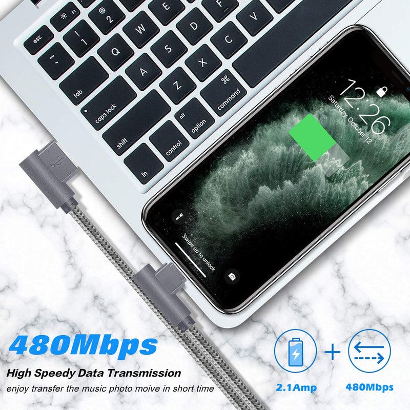 APFEN MFi Certified Lightning iPhone Charger Cord 90 Degree Fast Data Cable Nylon Braided Compatible with iPhone Xs Max/XS/XR/7/7Plus/X/8/8Plus/6S/6S Plus/SE (Gray, 10FT) - Image 2