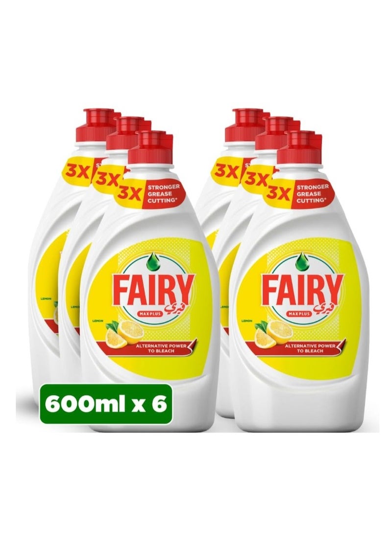 FAIRY FIRST سائل غسيل الأطباق فيري ماكس بلس برائحة الليمون مع قوة بديلة للمبيض، 6 × 600 مل - Image 1