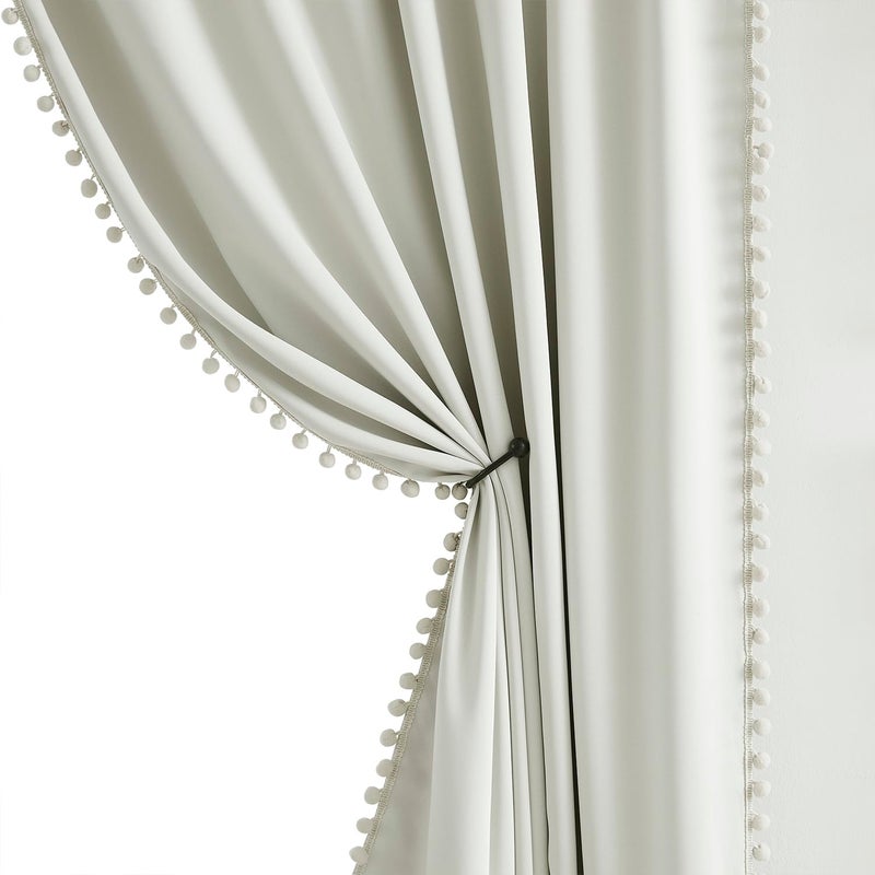 Treatmentex Full Blackout Curtains for Bedroom Natural Ivory PomPom Thermal Insulated Window Drapes 63inch Length Curtain Panels for Kids Guest Room Hotel 52 Wx 2pcs Beige Rod Pocket
