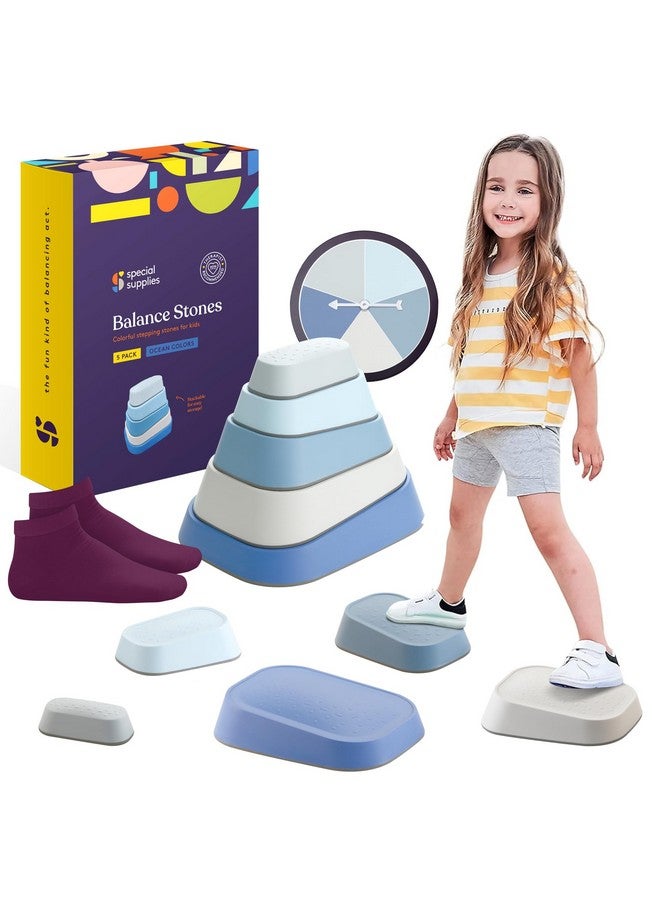 Special Supplies Special Supplies Set of 5 Stepping Stones for Kids Indoor and Outdoor Balance Blocks Promote Coordination, Balance Strength Child Safe Rubber, Non-Slip Edging (Ocean) - Image 1