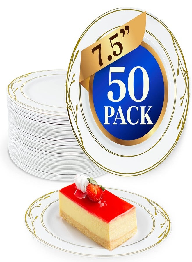 Reli. Disposable Plastic Plates, White & Gold Rim (50 Pcs, 7.5" Dessert Plate) | Hard Plastic, for Dessert/Salad/Cake | Heavy Duty Disposable Rounds for Party, Wedding, Event (Gold Trim) - Image 1