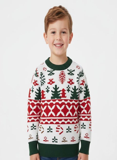 Kids White Fair Isle Christmas Sweater with Trees
