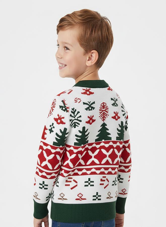 babyqlo Kids White Fair Isle Christmas Sweater with Trees - Image 3
