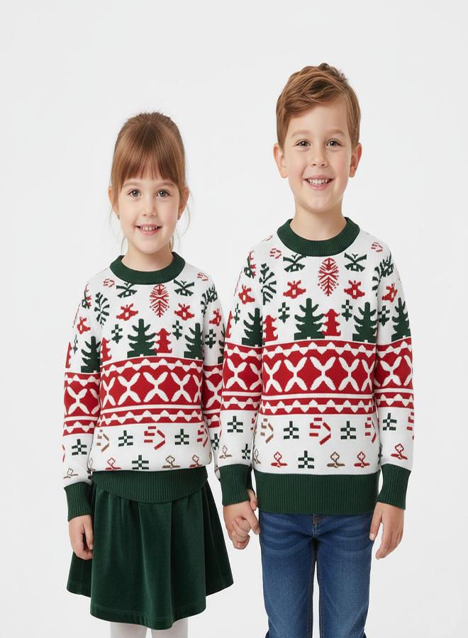 babyqlo Kids White Fair Isle Christmas Sweater with Trees - Image 2