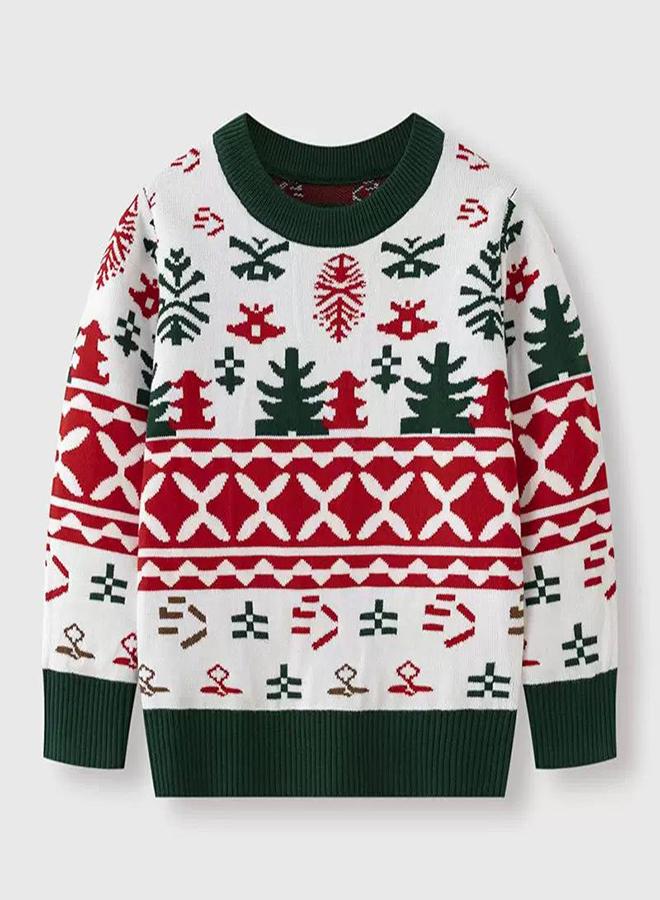 babyqlo Kids White Fair Isle Christmas Sweater with Trees - Image 5
