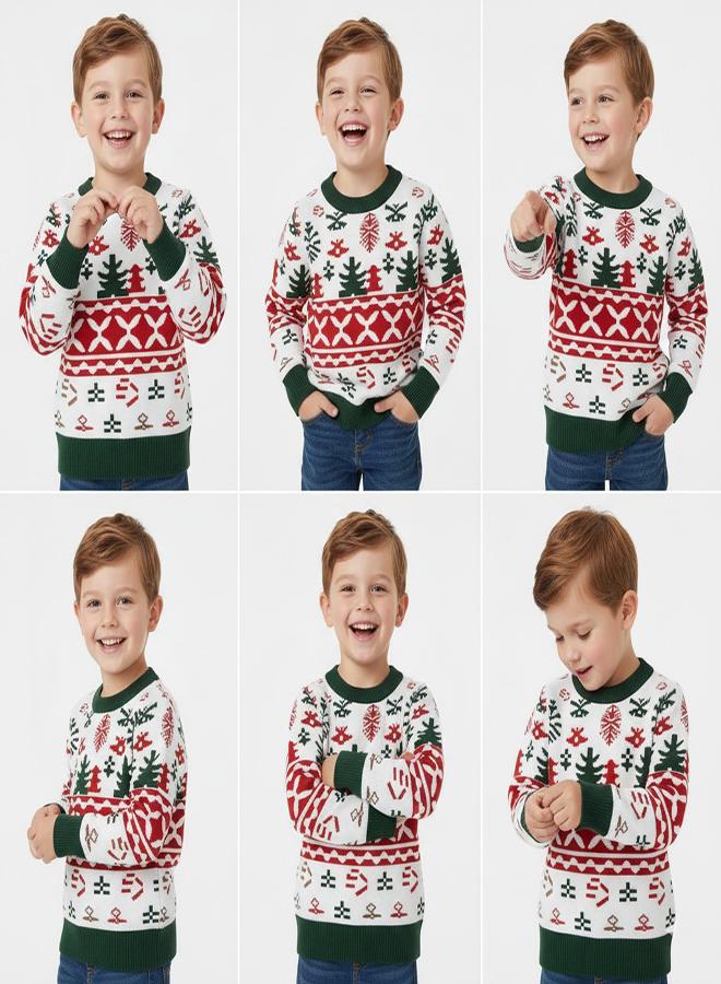 babyqlo Kids White Fair Isle Christmas Sweater with Trees - Image 4