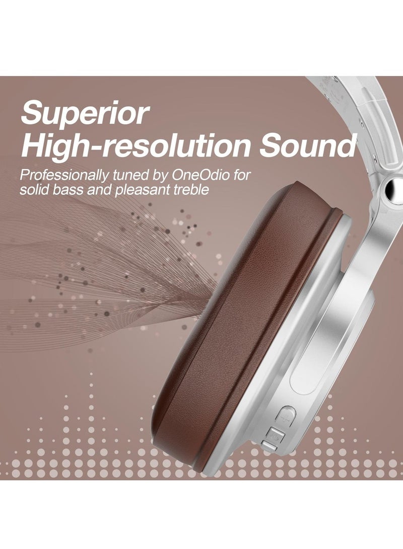 OneOdio A70 Bluetooth Over Ear Headphones, Wireless Headphones w/ 72H Playtime, Hi-Res, 3.5mm/6.35mm Wired Audio Jack for Studio Monitor & Mixing DJ Guitar AMP, Computer Laptop PC Tablet - Silver Brown - Image 4