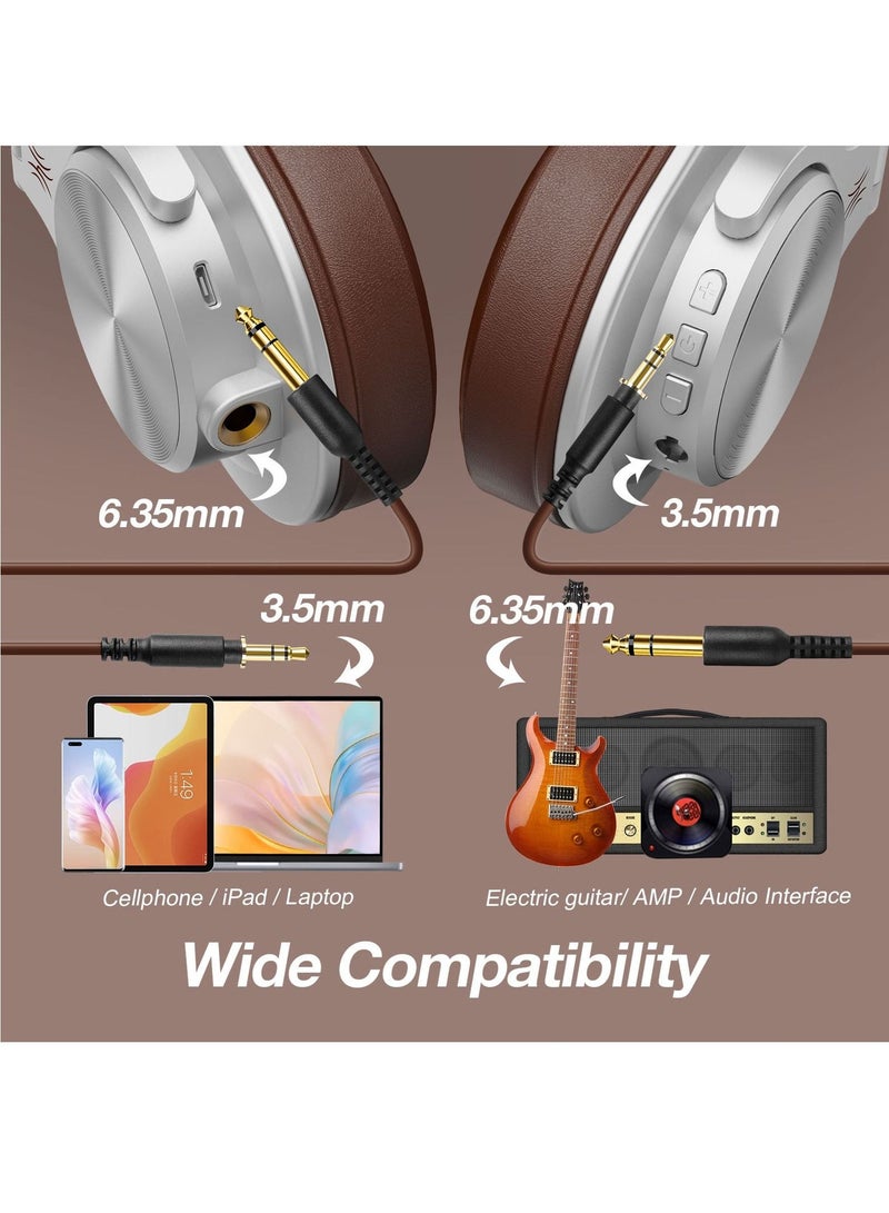 OneOdio A70 Bluetooth Over Ear Headphones, Wireless Headphones w/ 72H Playtime, Hi-Res, 3.5mm/6.35mm Wired Audio Jack for Studio Monitor & Mixing DJ Guitar AMP, Computer Laptop PC Tablet - Silver Brown - Image 2
