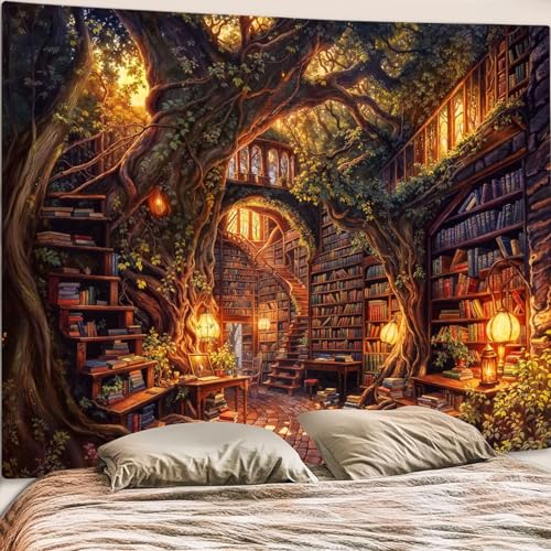 Accnicc Forest Library Tapestry Tree Bookshelf Tapestries Wall Hanging Vintage Fantasy Fairy Treehouse Book Extra Large Tapestry for Bedroom Living Room Dorm Classroom 90 x 68 inch - Image 1