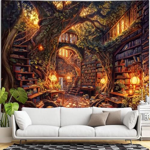 Accnicc Forest Library Tapestry Tree Bookshelf Tapestries Wall Hanging Vintage Fantasy Fairy Treehouse Book Extra Large Tapestry for Bedroom Living Room Dorm Classroom 90 x 68 inch - Image 3