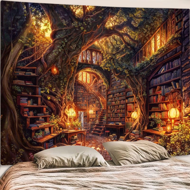 Accnicc Forest Library Tapestry Tree Bookshelf Tapestries Wall Hanging Vintage Fantasy Fairy Treehouse Book Extra Large Tapestry for Bedroom Living Room Dorm Classroom 90 x 68 inch - Image 2