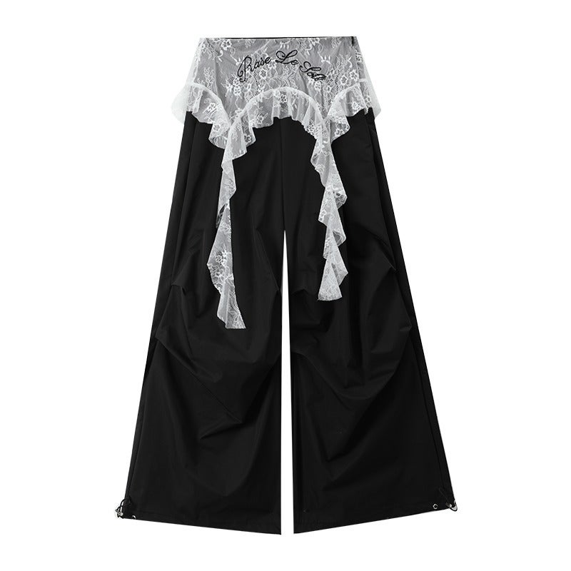 2025 Spring and Summer Explosions Fashion All-match Lace Stitching Loose Casual Fake Two-piece Super Fire Wide Leg Work Pants Jh-b3027 black