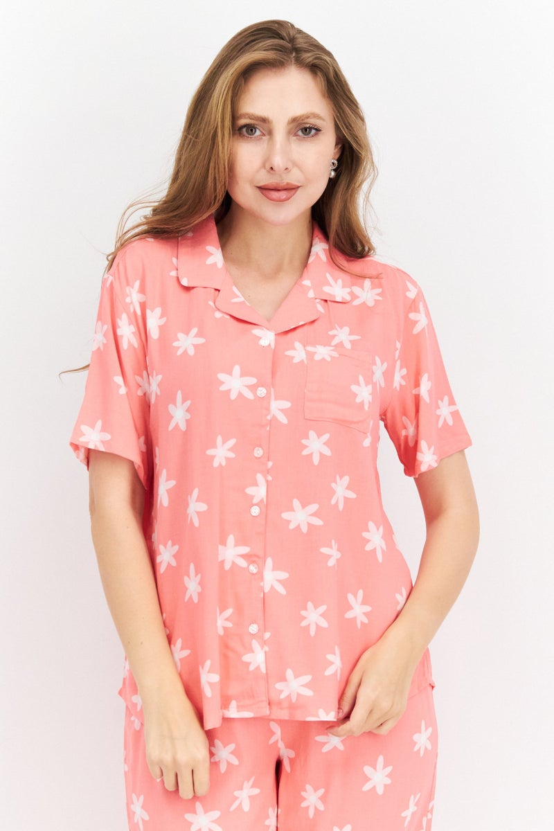 PJ Couture Women 2 Pc Allover Print Short Sleeve Pajama Set, Pink/White - Image 3