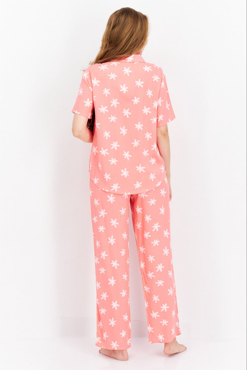 PJ Couture Women 2 Pc Allover Print Short Sleeve Pajama Set, Pink/White - Image 4