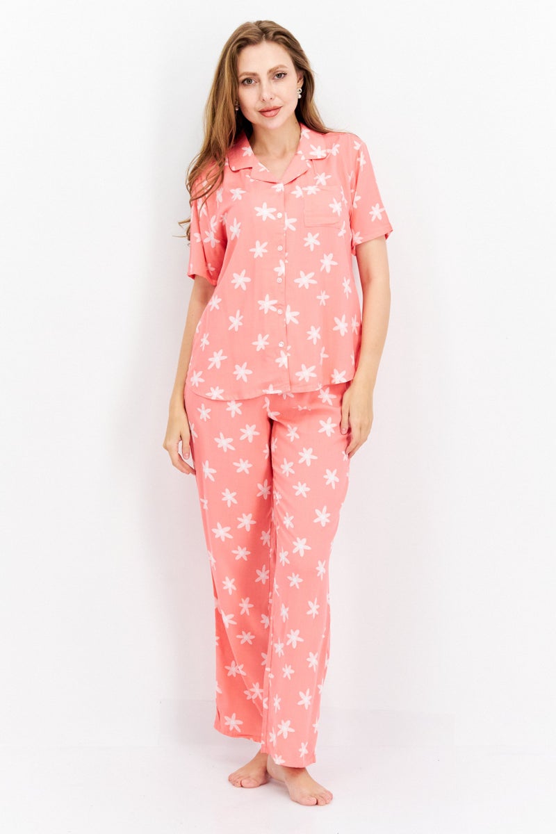 PJ Couture Women 2 Pc Allover Print Short Sleeve Pajama Set, Pink/White - Image 1