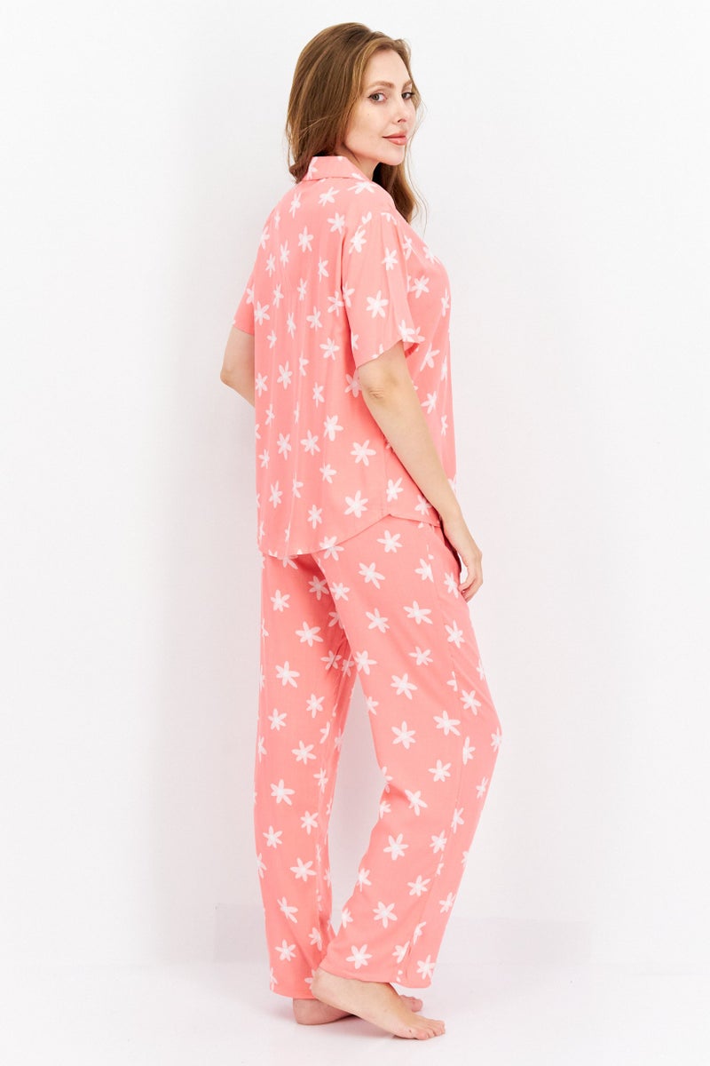 PJ Couture Women 2 Pc Allover Print Short Sleeve Pajama Set, Pink/White - Image 2