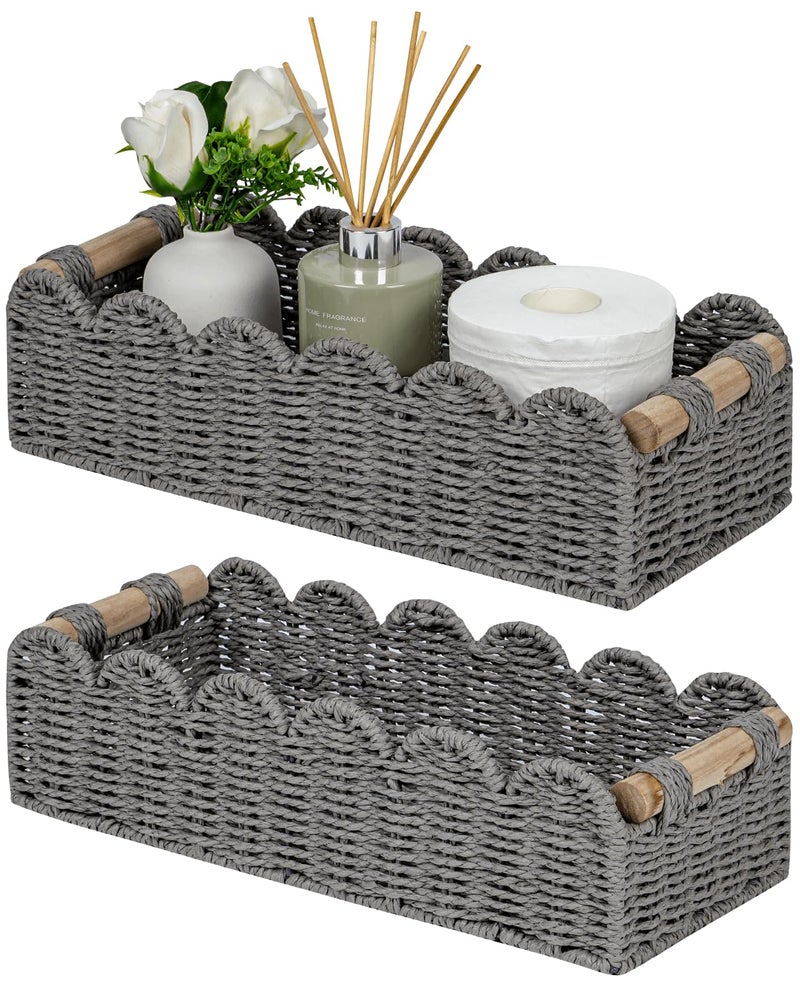 CubesLand Scalloped Decor Basket for Living Room, Home, Bathroom, 2SAME SIZE Paper Rope Basket, Toilet Storage Baskets for Over Toilet Storage Shelf, Cozy Woven Basket Both Storage&Decor, Grey - Image 1