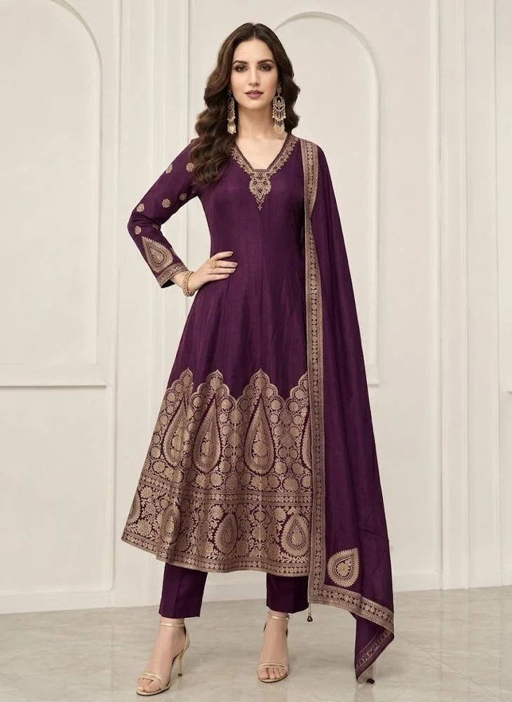 Viny Viny Women's Anarkali Suit Set – Embroidered Paisley Border Kurta with Pants & Dupatta – Ramadan & Eid – Wine – Indian Ethnic Wear