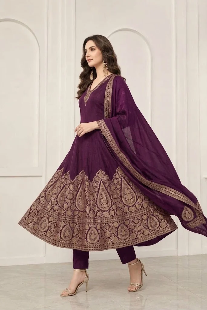 Viny Viny Women's Anarkali Suit Set – Embroidered Paisley Border Kurta with Pants & Dupatta – Ramadan & Eid – Wine – Indian Ethnic Wear