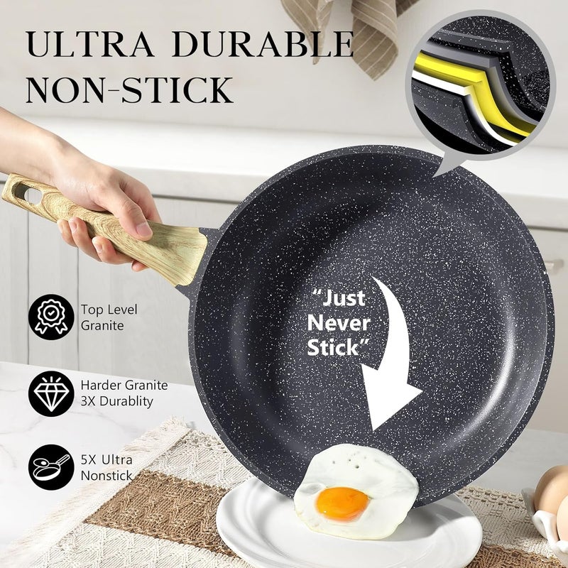 Nonstick Frying Pan Skillet with Lid - 28cm Grey Granite Non Stick Pans, Omelette Pan with Heat-Resistant Handle, Compatible with All Stovetops, Dishwasher Safe, PFOA Free - Image 3