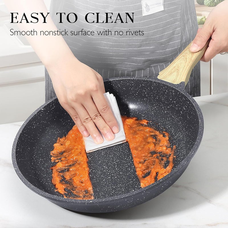 Nonstick Frying Pan Skillet with Lid - 28cm Grey Granite Non Stick Pans, Omelette Pan with Heat-Resistant Handle, Compatible with All Stovetops, Dishwasher Safe, PFOA Free - Image 4