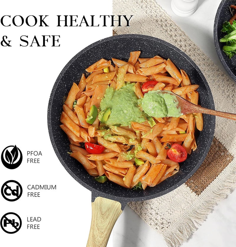 Nonstick Frying Pan Skillet with Lid - 28cm Grey Granite Non Stick Pans, Omelette Pan with Heat-Resistant Handle, Compatible with All Stovetops, Dishwasher Safe, PFOA Free - Image 5