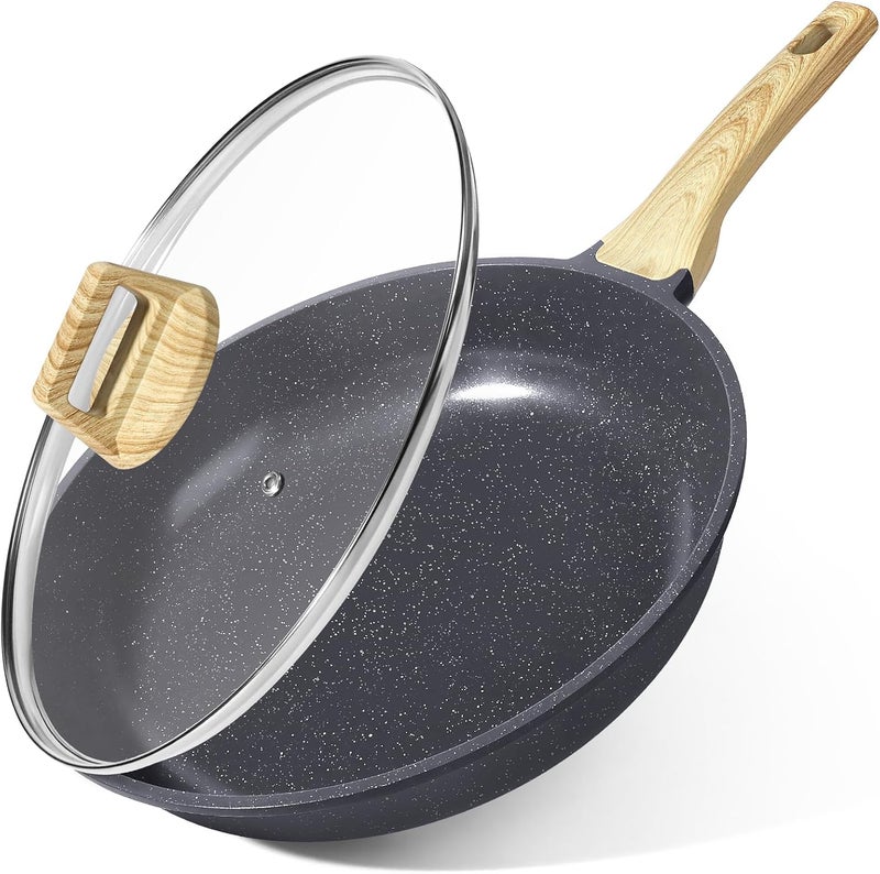 Nonstick Frying Pan Skillet with Lid - 28cm Grey Granite Non Stick Pans, Omelette Pan with Heat-Resistant Handle, Compatible with All Stovetops, Dishwasher Safe, PFOA Free - Image 1