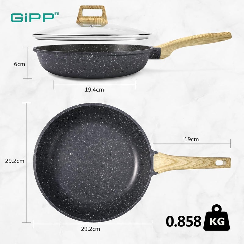 Nonstick Frying Pan Skillet with Lid - 28cm Grey Granite Non Stick Pans, Omelette Pan with Heat-Resistant Handle, Compatible with All Stovetops, Dishwasher Safe, PFOA Free - Image 2