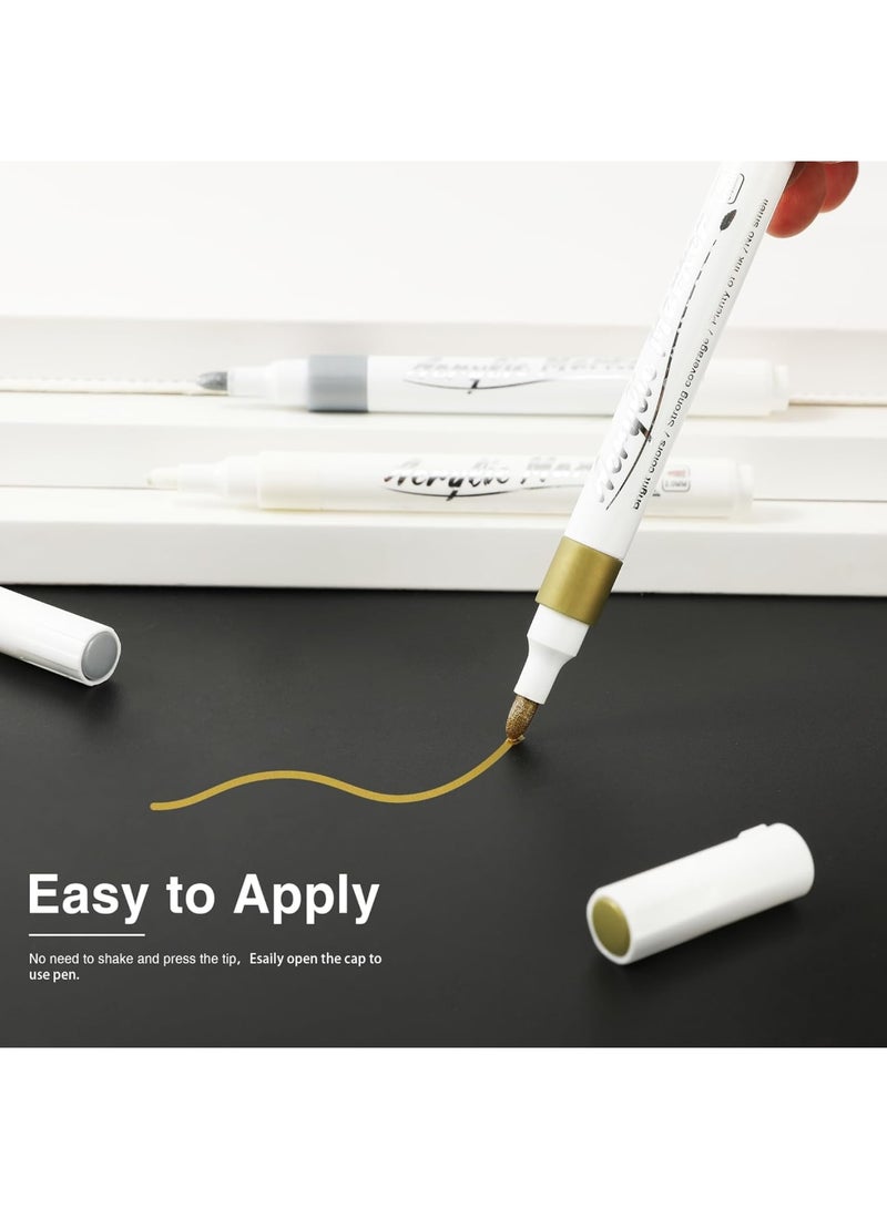 SOLARAE Acrylic Pens Markers, 9 Pack Graffiti Water Paint Pens, 2-3mm Medium Tip Colored Writing Brush for Drawing, Rock Painting, Wood, Plastic, Metal, Canvas, DIY Crafts, Gold, Silver, White - Image 3