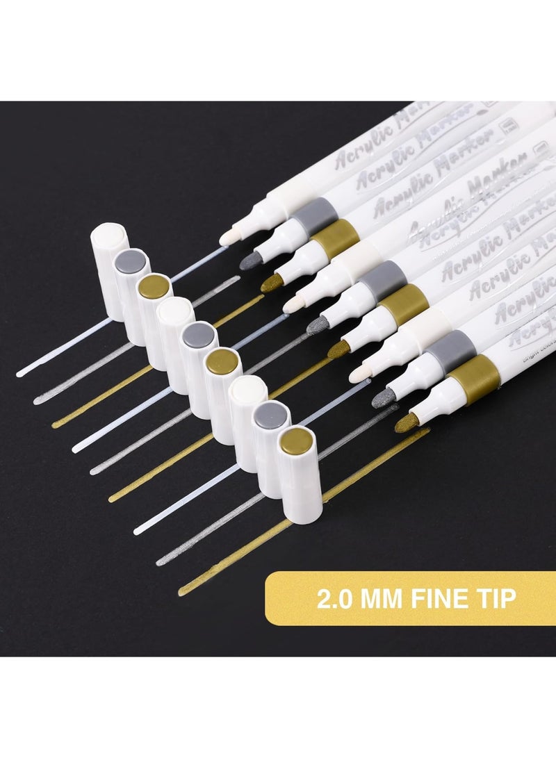 SOLARAE Acrylic Pens Markers, 9 Pack Graffiti Water Paint Pens, 2-3mm Medium Tip Colored Writing Brush for Drawing, Rock Painting, Wood, Plastic, Metal, Canvas, DIY Crafts, Gold, Silver, White - Image 5