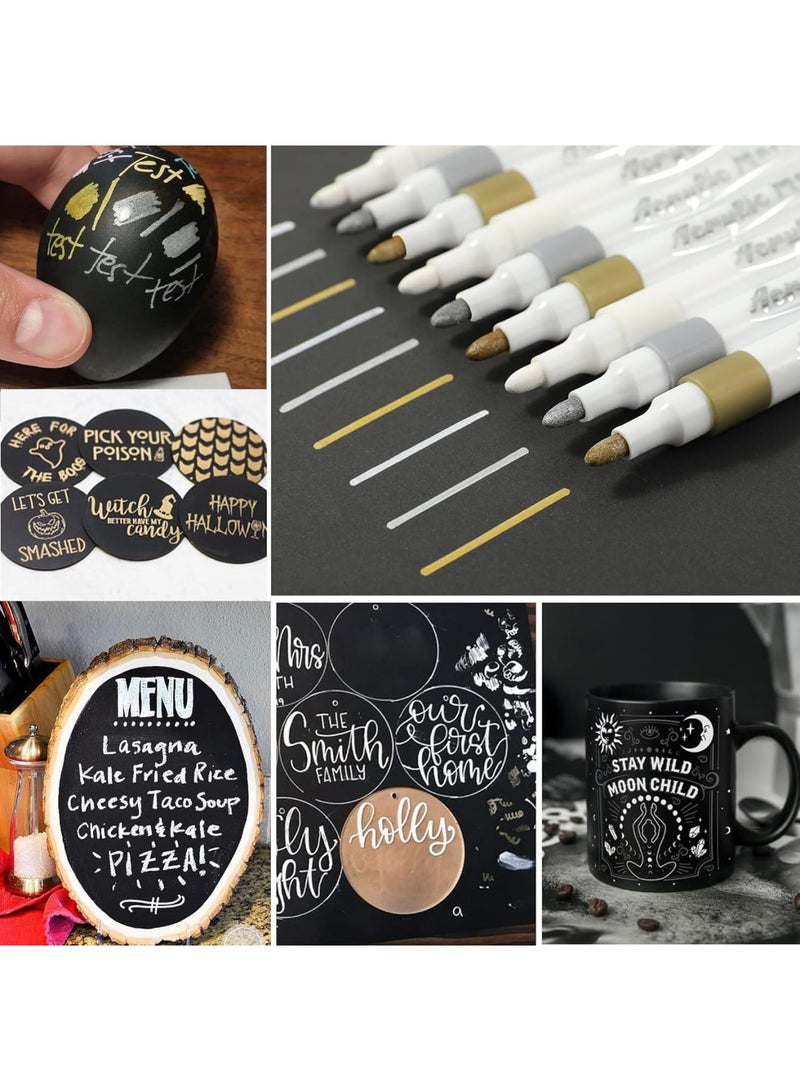 SOLARAE Acrylic Pens Markers, 9 Pack Graffiti Water Paint Pens, 2-3mm Medium Tip Colored Writing Brush for Drawing, Rock Painting, Wood, Plastic, Metal, Canvas, DIY Crafts, Gold, Silver, White - Image 2